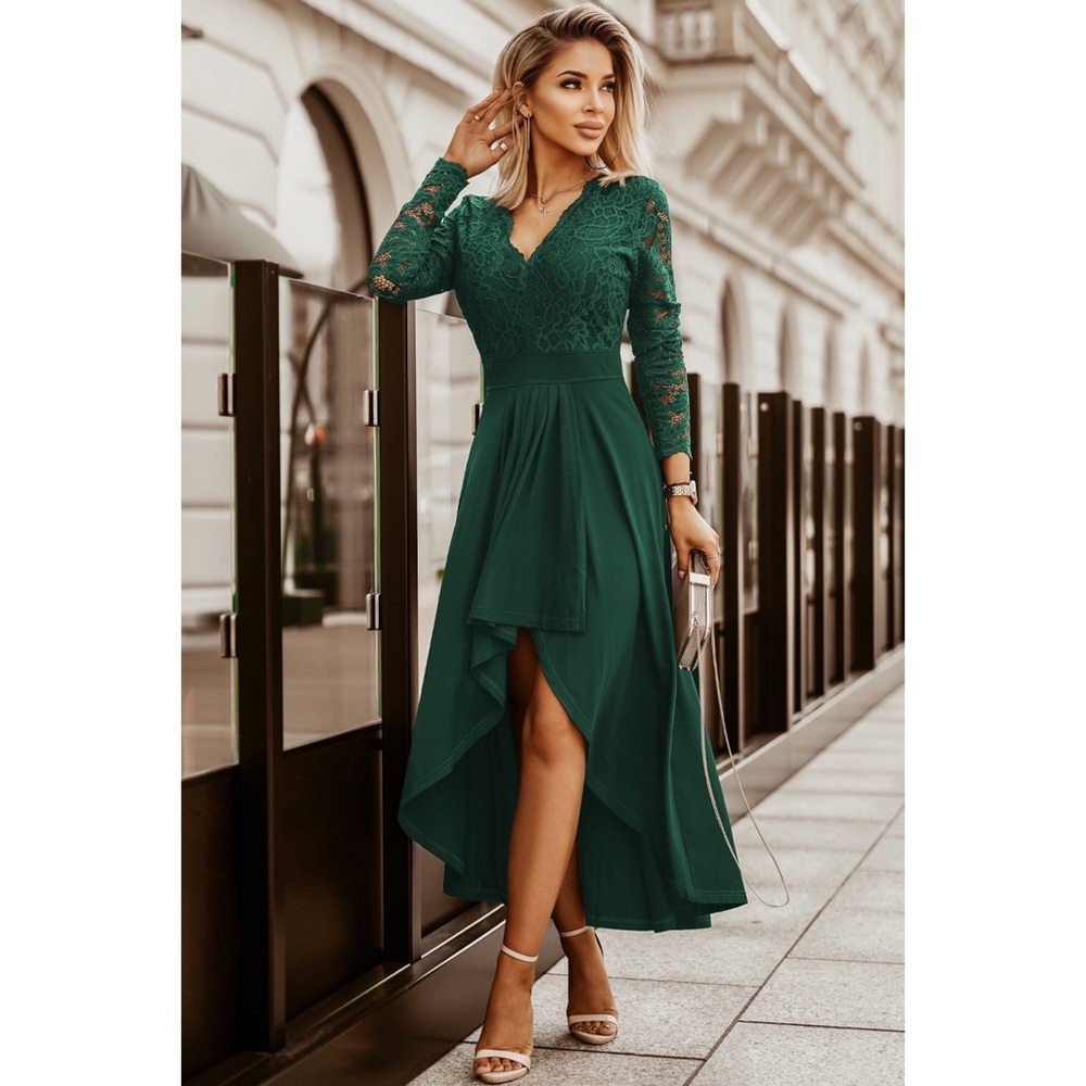 Green V-neck Long Sleeve Lace Backless High
and Low Hem Evening Dress - Picture 6 of 8